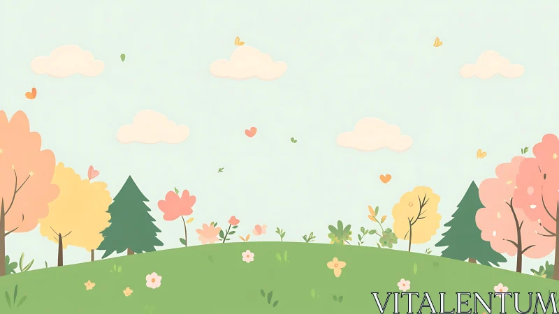 Pastel spring meadow with stylized trees and soft clouds.