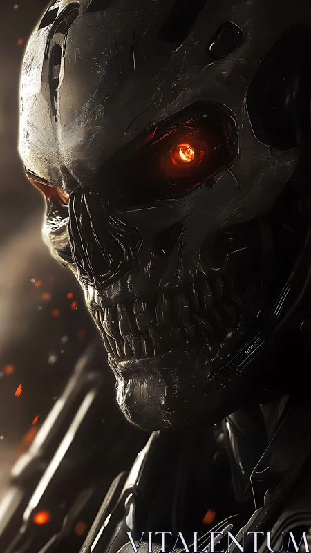 Cyborg skull portrait shows glowing red eye and metal plates
