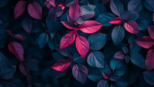 Neon-tinted foliage glows against deep shadowed leaves.