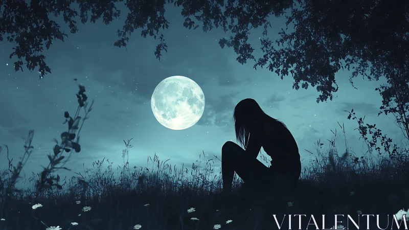 Silhouette of seated figure under full moon in field at night.