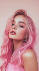 Digital portrait of young woman with long pastel pink hair.