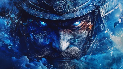 Blue-tinted warrior portrait with glowing eyes in armor.