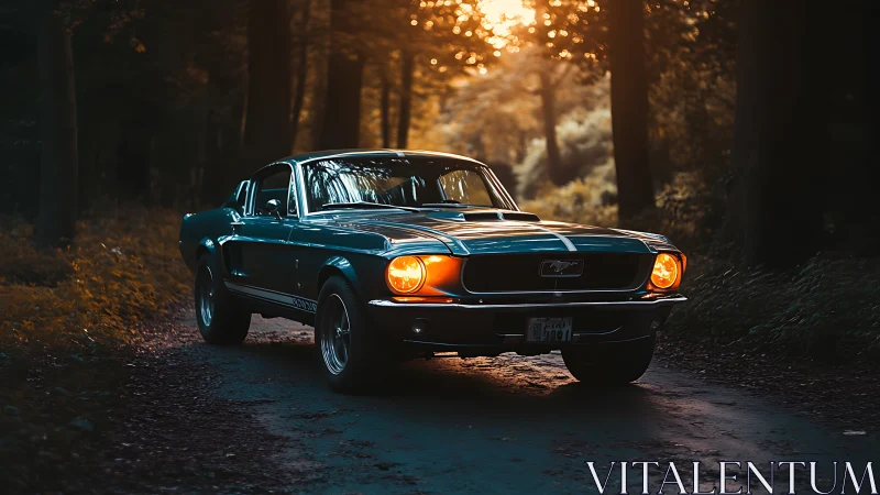 Classic muscle car glows under warm forest sunset light