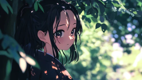 Young figure stands under foliage with dappled light patterns