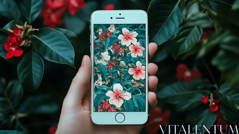 White smartphone displaying botanical floral pattern against garden setting