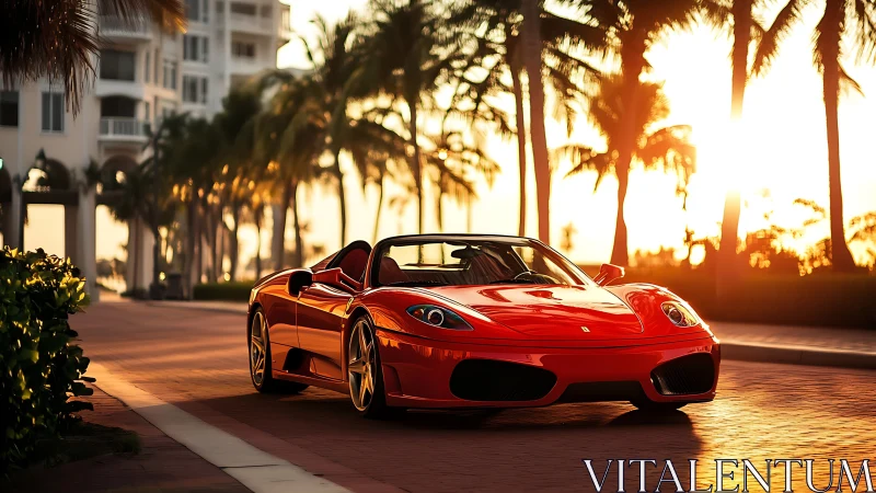 Red performance roadster under coastal sunset illumination.