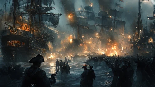 Naval Harbor Warfare: Illuminated Galleons Engulfed in Pyrotechnic Conflagration.