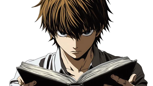 Brooding anime teen studying ominous open notebook intently.