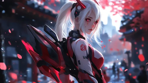 Cybernetic warrior girl under crimson petals in cityscape.