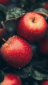 Red apples with dew drops cling to dark green orchard leaves