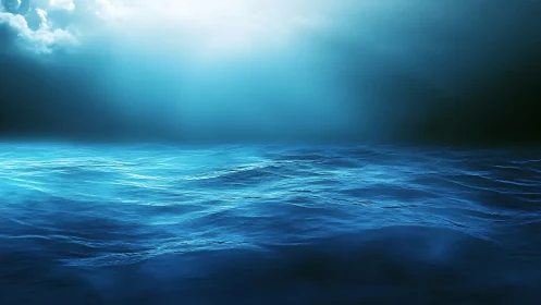 Luminous blue ocean surface shimmers under a vast moody sky