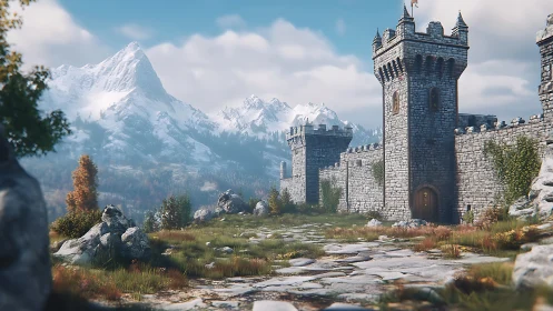 Mountain castle path where quiet stone walls meet skyward peaks.