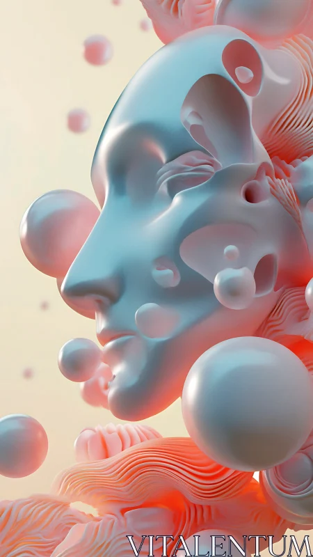 Liquid porcelain dreamface drifting in a cloud of spheres.