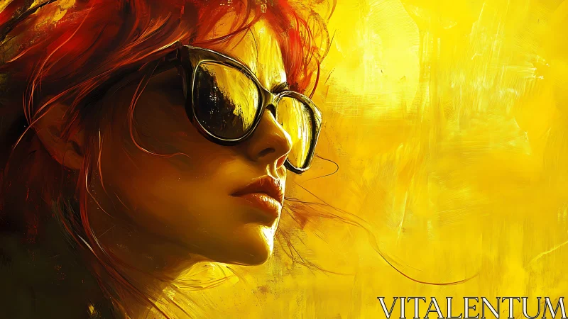 Fiery-haired woman in sunglasses glows against vivid yellow field.