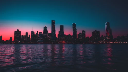 Urban skyline silhouette with neon dusk gradient over water.