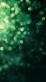 Green bokeh particles drift through deep dark background