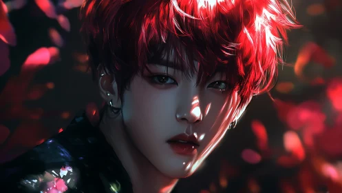 Red-haired youth under dappled crimson light portrait