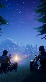 Two armed characters overlook campfire under starry sky.