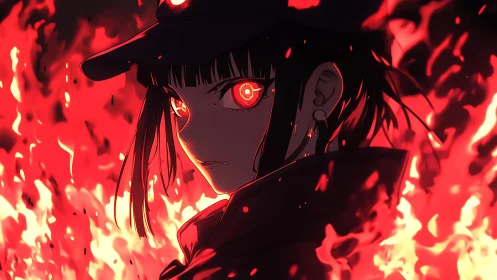 Intense anime girl with glowing red eyes in rising flames.