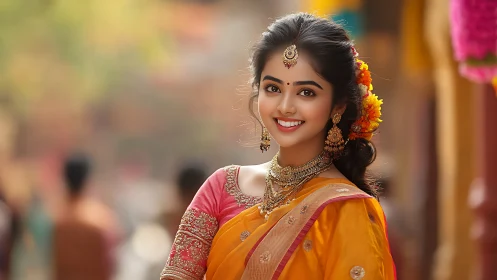 Woman in traditional Indian attire in outdoor urban setting.