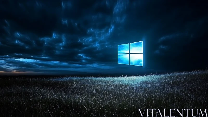 Glowing window logo floats over a moody midnight field sky