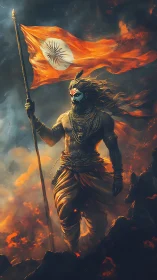 Mythic warrior strides through firestorm with blazing banner.