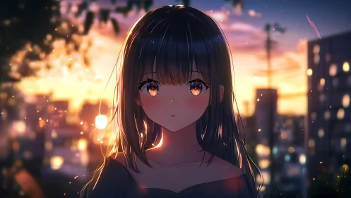 Anime girl at sunset over softly lit city skyline.