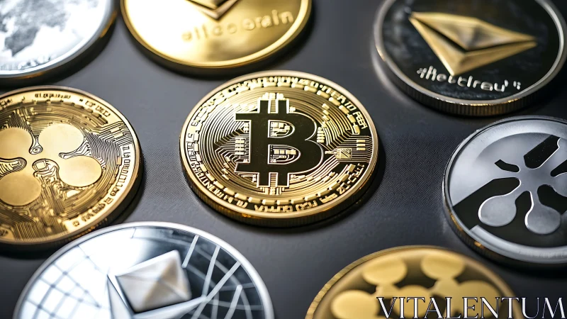 Shining crypto coins arranged in a bold, modern circle.