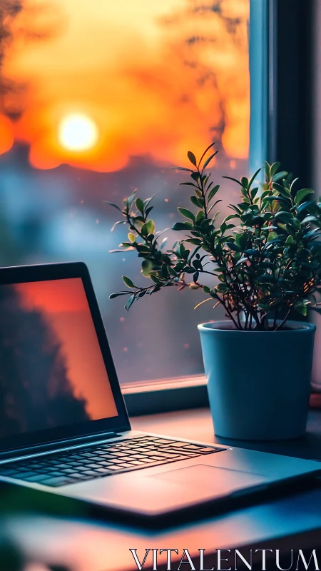 Laptop and potted plant on windowsill reflect warm sunset light