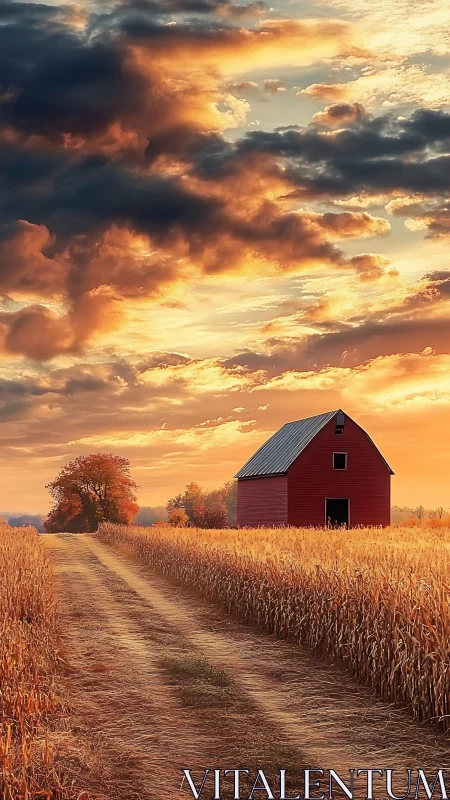 Cornfield dusk road and red barn beneath ember-tinted skies.