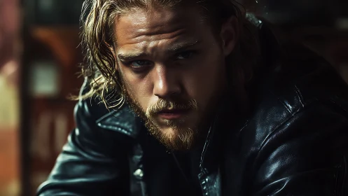Brooding man in leather jacket under cinematic low light.