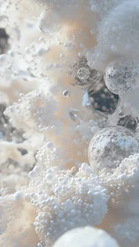 Abstract pearlescent spheres amid soft micro bubble clusters.