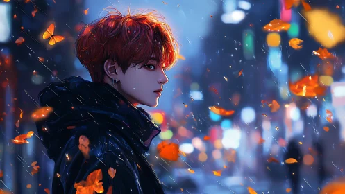 Red haired figure in rainy neon street with orange leaves.