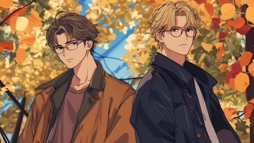 Glasses-wearing youths in layered coats amid rich autumn foliage.