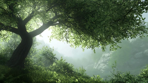 Sunlit forest hillside with a graceful, sheltering tree.