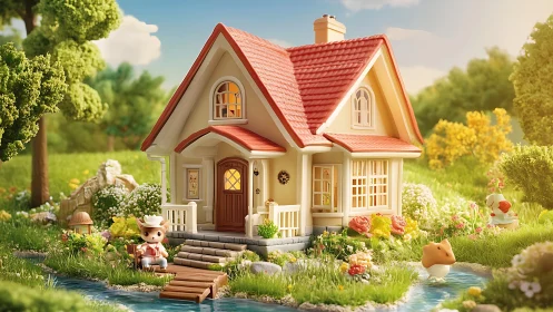 Sunny toy cottage by a gentle stream in tiny wonderland.