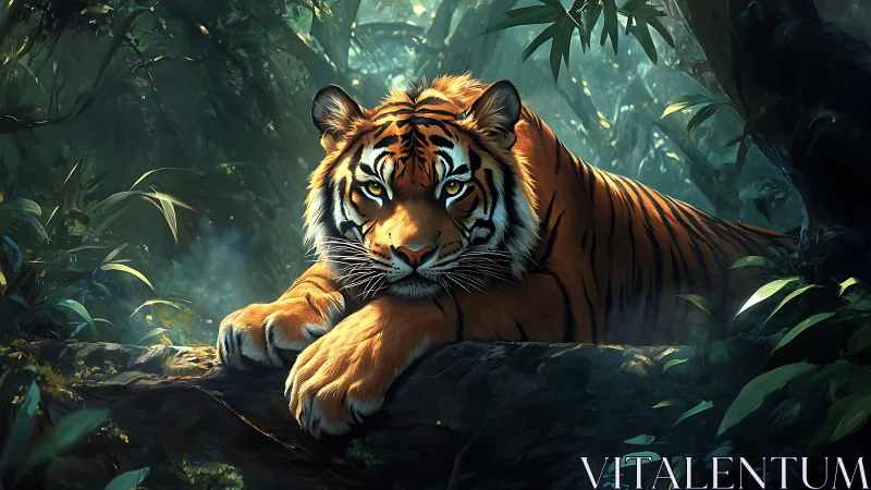 Majestic tiger rests on mossy jungle log in dappled light.