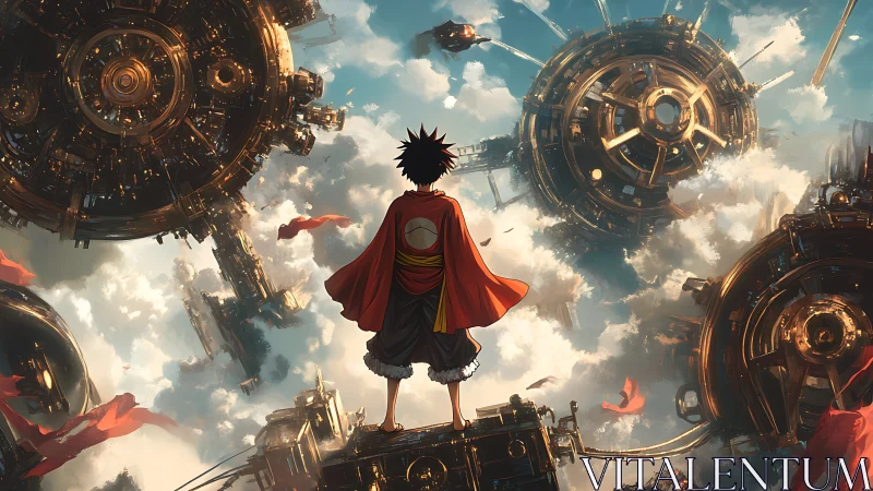 Skybound wanderer surveying colossal clockwork orbs.