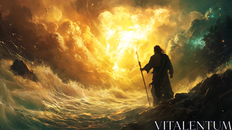 Prophet commanding stormlit sea beneath burning heavens.
