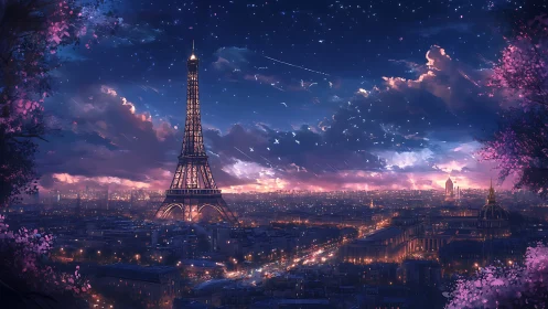 Paris night skyline glows under star‑filled violet sky
