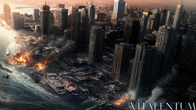 Sunset over a shattered waterfront city in smoldering ruin.