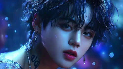 Iridescent portrait of wet-haired youth in neon bokeh light