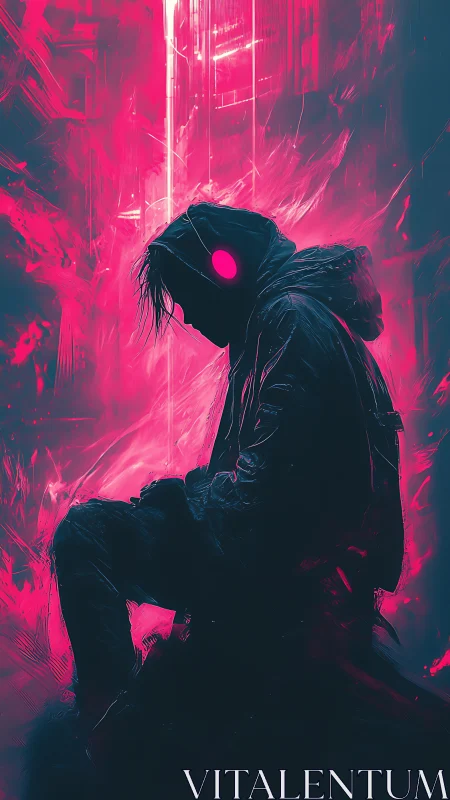 Cyberpunk silhouette in neon magenta backlit vertical frame.