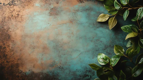 Green leaves frame textured teal and copper background