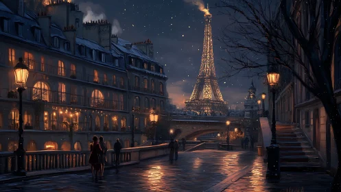 Nocturne Parisian streetscape with illuminated Eiffel Tower.