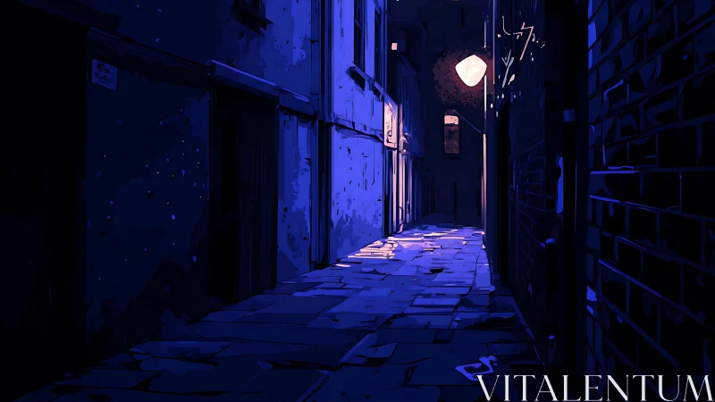 Neon-lit urban alleyway glows in deep cinematic midnight blues