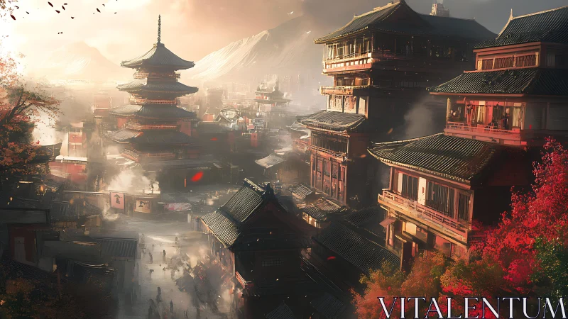 Sunlit feudal metropolis with layered pagoda skylines rendered.