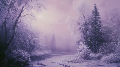 Lavender winter forest under misty dawn light.