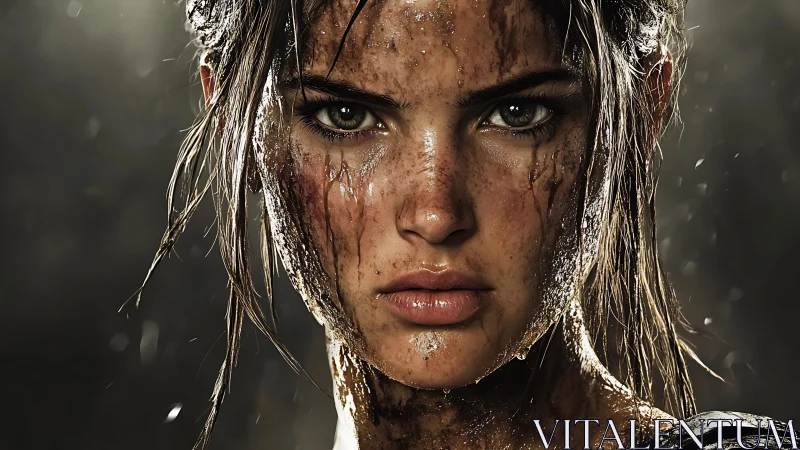 Mud covered woman stares directly ahead in sharp closeup.