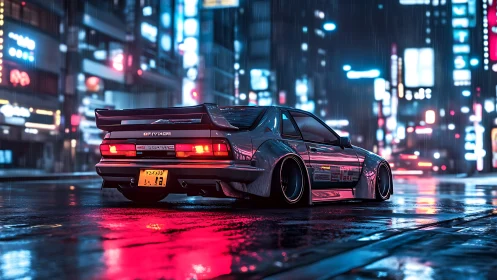 Modified sports car on wet neon city street at night.
